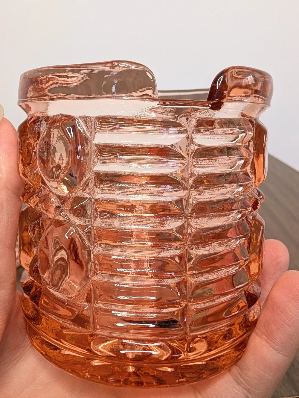 Vintage Windsor Pattern By Indiana Peachy Rose Pink Glass Honey Jam Jar With Lid